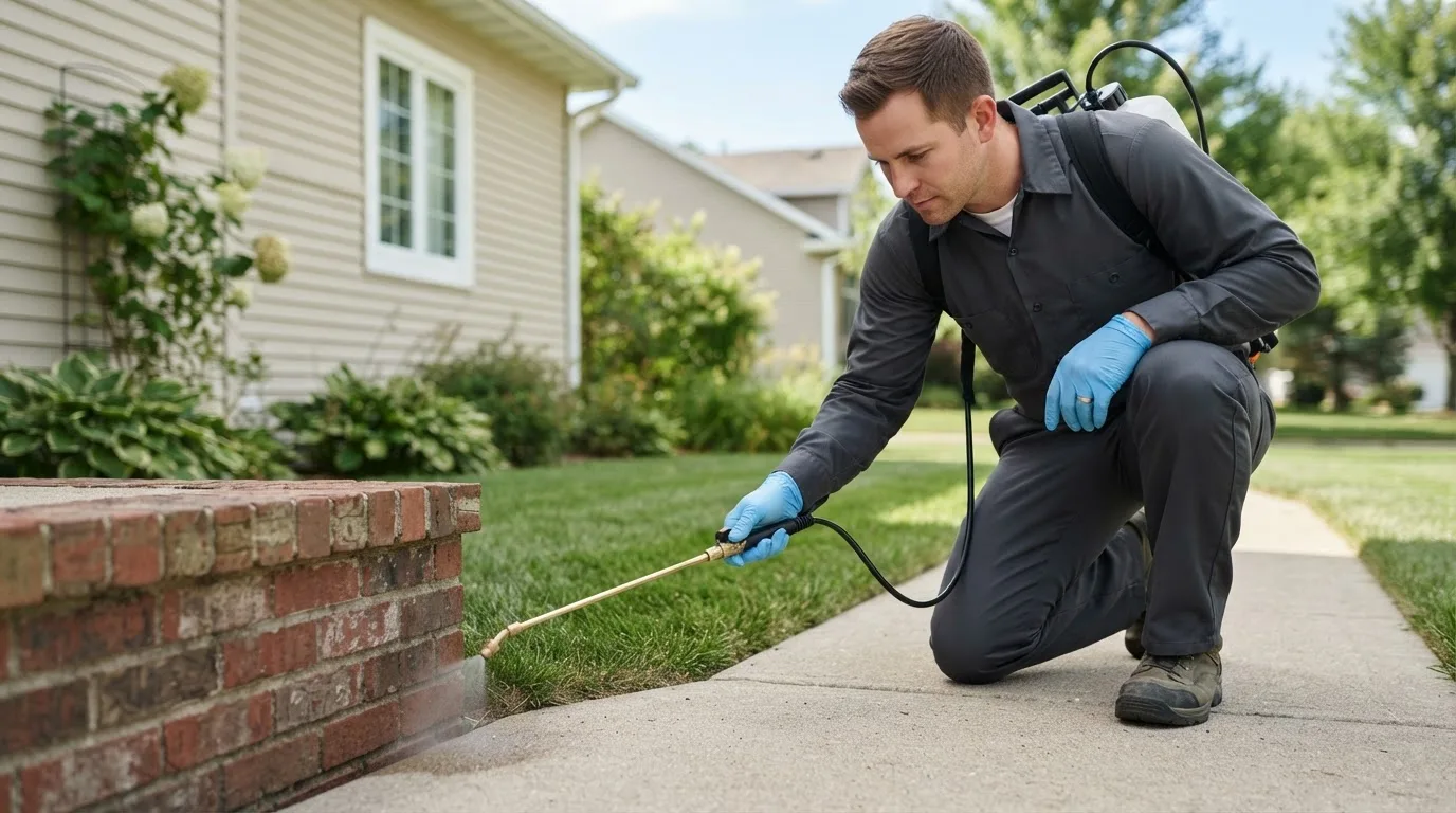 Pest control technician treating a home near Cheney, KS