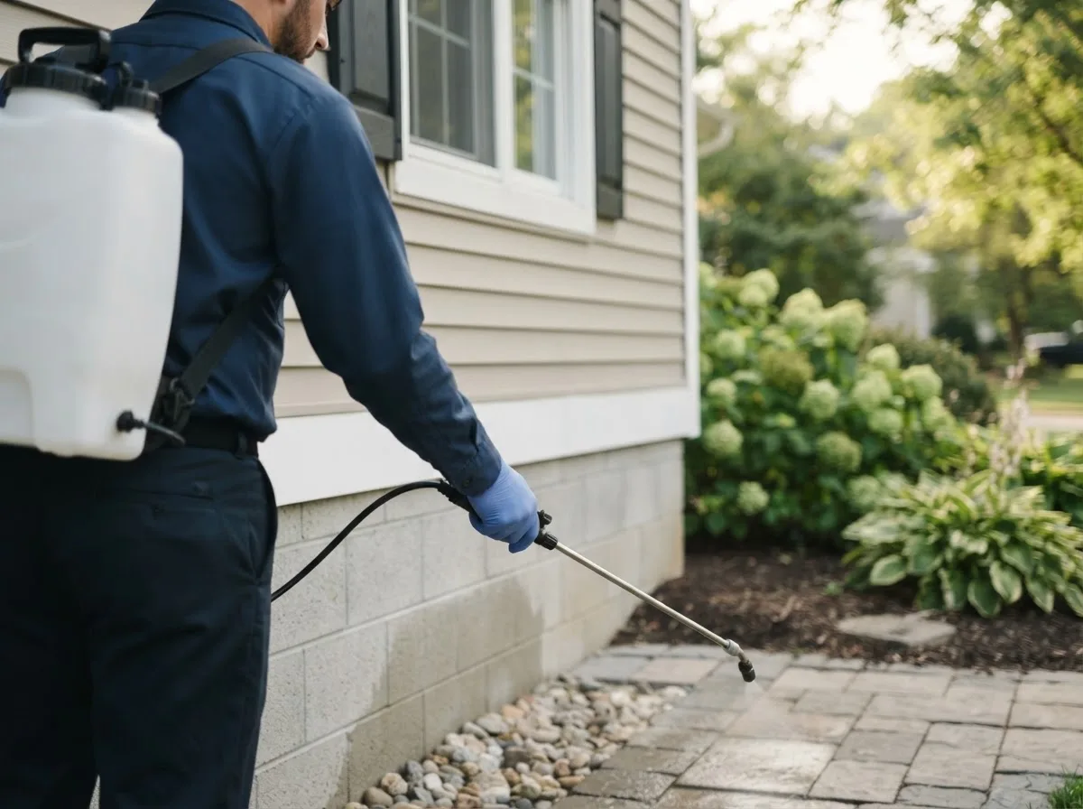 Pest control technician inspecting a home in Cheney, KS
